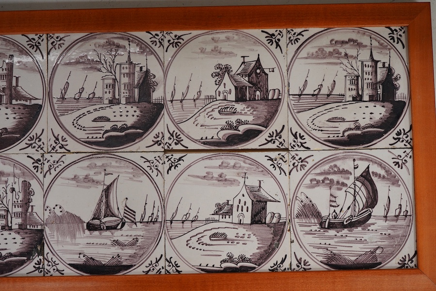 A set of ten framed delft tiles, 18th/19th century, overall 30 x 68cm